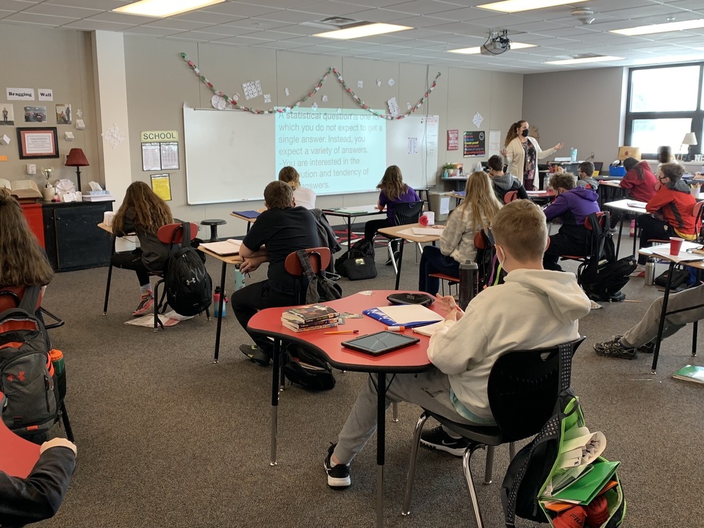 Learning the definition for Non-statistical and statistical questions, (What is your principal’s name? How many pets do you have?) Mrs. Olson challenges her 6th grade mathematicians as they begin a new unit.