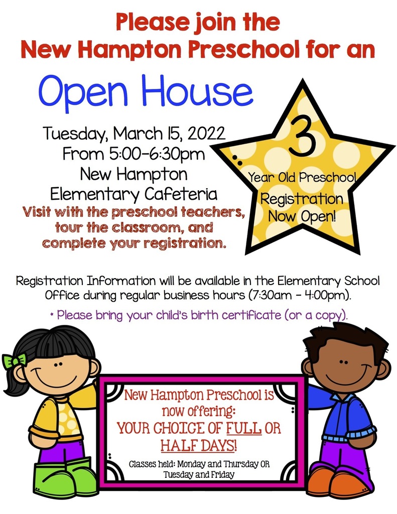 Parent's of 3 and 4 year olds, remember to join us tomorrow at New Hampton Preschool's Open House 5:00-6:30pm! Check out the classrooms, fill out pre-registration forms, and meet the teachers!