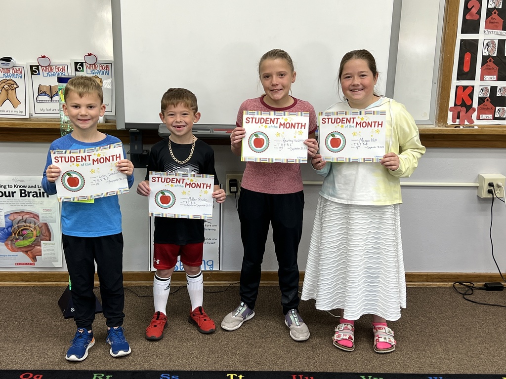 Congratulations to our Elementary TRIBE students of the month!!  Liam Sanford (1st Grade), Miller Reicks (Kindergarten), Kourtney Hackman (3rd Grade), & Megan Nolt (4th Grade).  Missing from the picture are Avery Balk (Preschool) & Ryker Anderson (2nd Grade). 