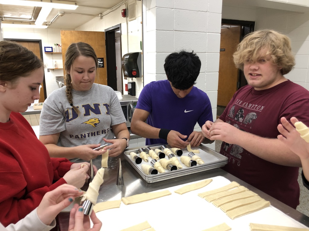 Baking I Class has been learning about yeast breads. It is really hard to do because the yeast needs to rise for so long! Mrs. Schmitt made two batches of dough at home in the morning and then let it rise during the day. The students learned to make culverts, cinnamon rolls, and creme horns. The middle and high school staff enjoyed the pastries that the students took around to share. We are really doing amazing learning at NHHS!