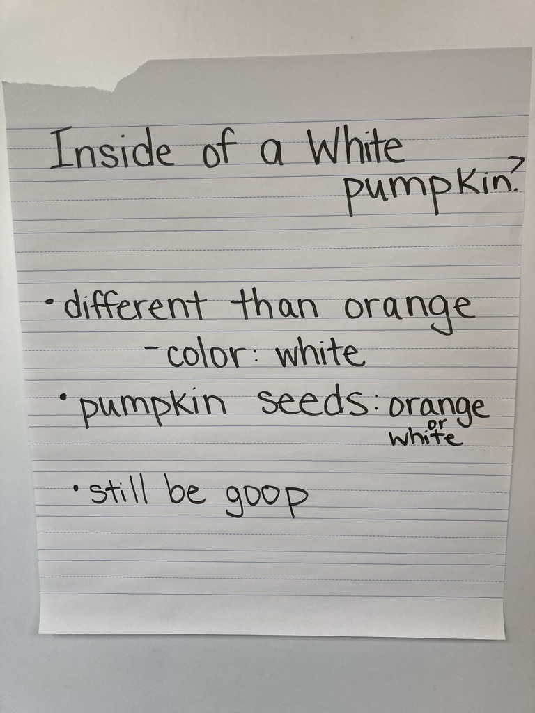 Miss Vossberg’s class enjoyed exploring pumpkins.  We predicted what would be inside our yellow/white pumpkins. Then we had a chance to dig!I