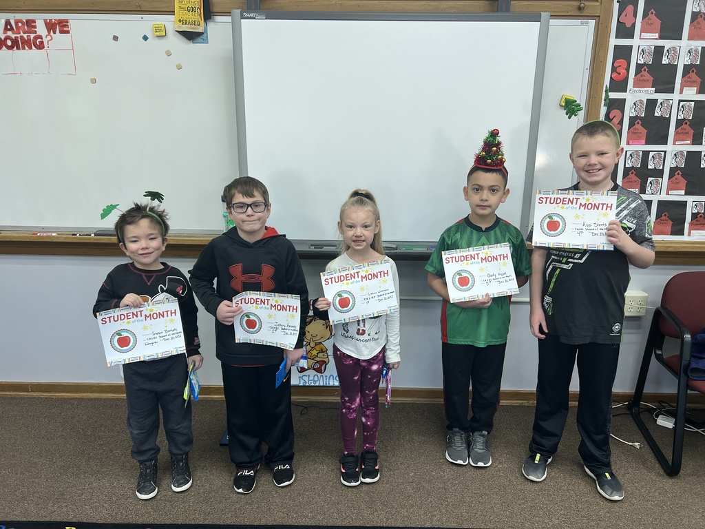 Congratulations to our December TRIBE Students of the Month.  From left to right:  Grayson Bernard (K), Zachary Kennedy (2nd), Lexus Wiemann (1st ), Charly Xajpot (3rd), and Kipp Sheets (4th). Missing from the photo is our Preschool TRIBE student of the month-Pedro Vega.  