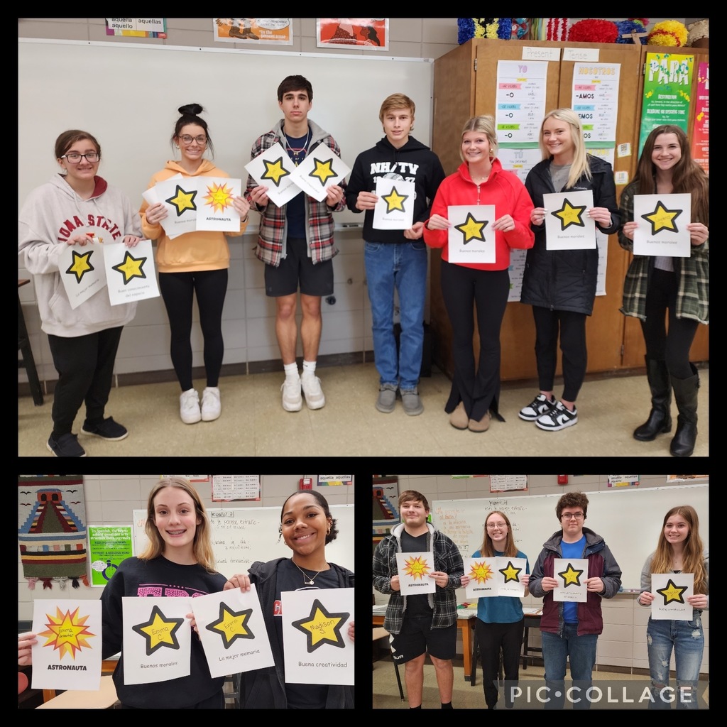 This week the Spanish III students tested to see who would qualify to be an astronaut. Each class took 'tests' on knowledge, memory, creativity, morals, and physicality - of course all in Spanish. This came about after using Spanish to study a bit about the Universe and being exposed to new vocabulary. The Astronauts are: Molly, Olivia, Gatlin, and Emma. The other students pictured scored highest in their class in each of the 'testing' categories.