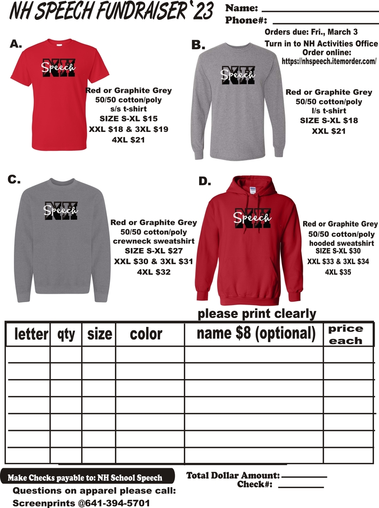 If you'd like to order a speech shirt those orders are due this Friday, March 10th.  You can turn orders in to the activities office or order online here.