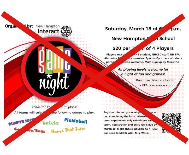 Game Night, sponsored by Interact Club on March 18, 2023, is canceled.  Thank you to those who signed up. There was just not enough interest overall. We hope we can offer something in the future.