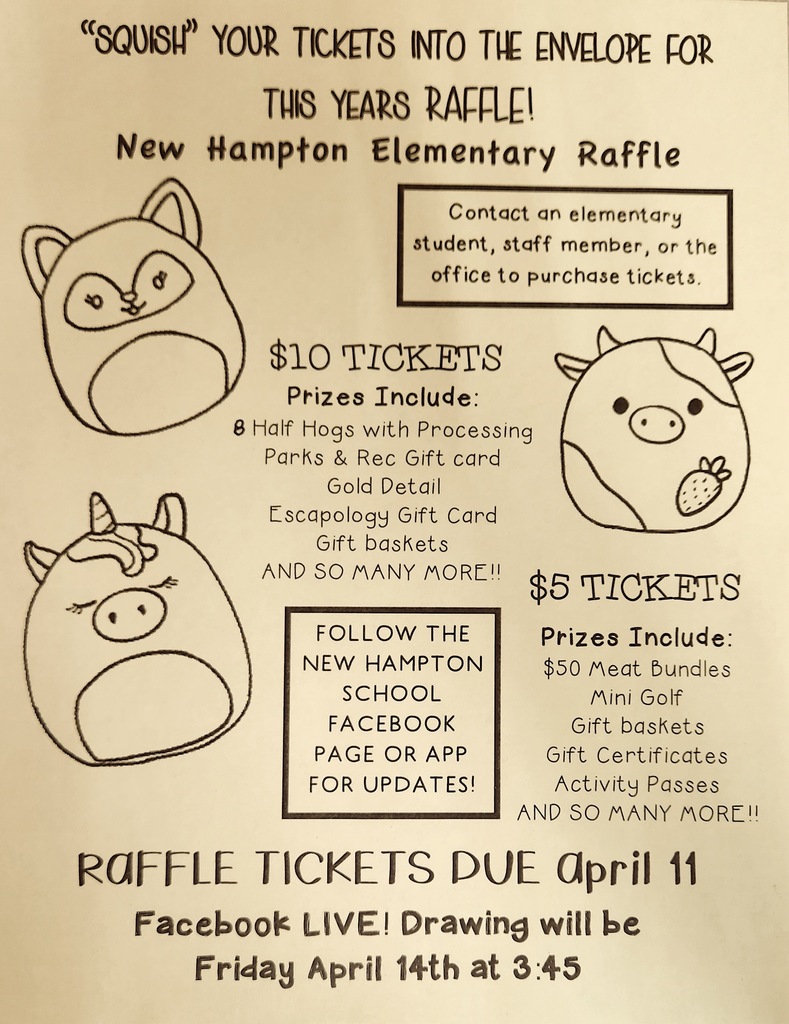 The elementary raffle fundraiser is here! PK-4 students received raffle tickets to sell starting on Monday, March 13th with ticket sales going through Tuesday, April 11th. The raffle drawing will be livestreamed on Friday, April 14th at 3:45. See the poster for further details, and thank you for supporting our elementary!