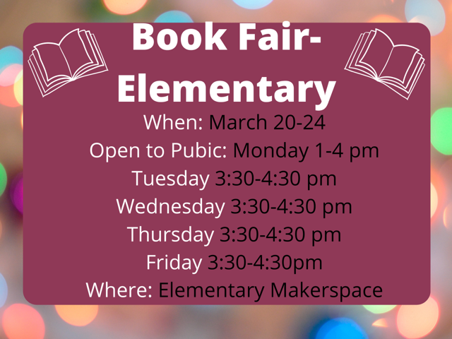 The book fair is open today from 1-4pm at the elementary school! 