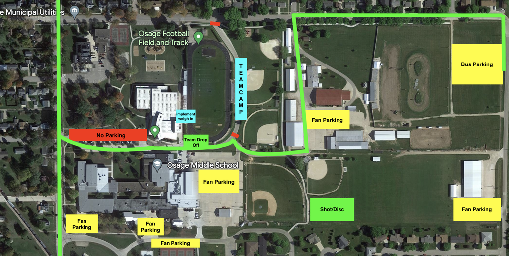 Good luck to our Varsity Girls and Boys Track & Field teams! The girls and Boys  track & field district will start at 4 pm tonight at Osage High School. Here is a link to purchase your ticket. https://www.iahsaa.org/tickets/ Here is the picture that shows where you will park. Go Chickasaws!