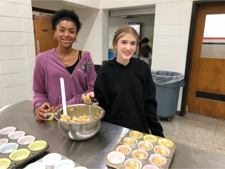 Baking I Class is continuing to learn about Quick Breads. Today they made fresh apple muffins and fresh blueberry muffins. The students agreed using fresh fruit made all of the difference in flavor.  